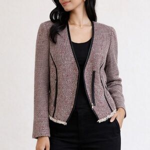 Rebecca Taylor Moto Tweed Blazer Leather Trim Gray Cropped Jacket Size 10